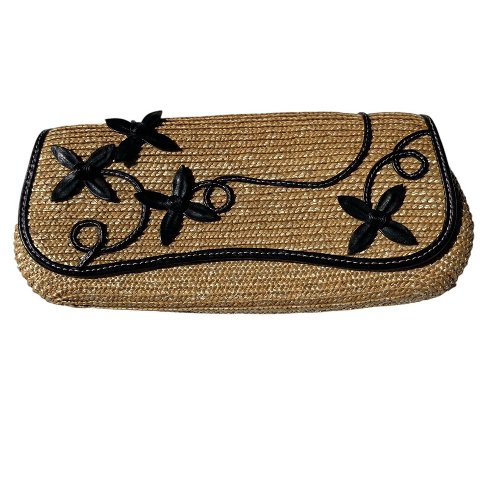 COLE HAAN | Woven Straw Floral Clutch Tan Black Summer Wedding Pochette